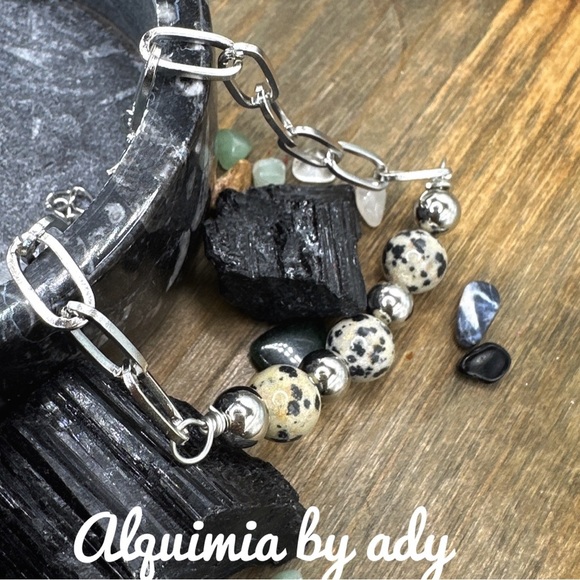 Dalmatian jasper beaded bracelet curb chunky chain adjustable - Picture 2 of 5